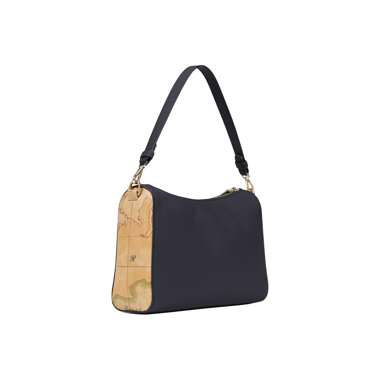 Borsa Media Alviero Martini; Nero/Geo Classic. Chiusura con zip dorata, tracolla regolabile con moschettone, interni organizzati. Dimensioni 19x10x10 cm. Stile casual-raffinato per ogni stagione. Vista posteriore laterale 