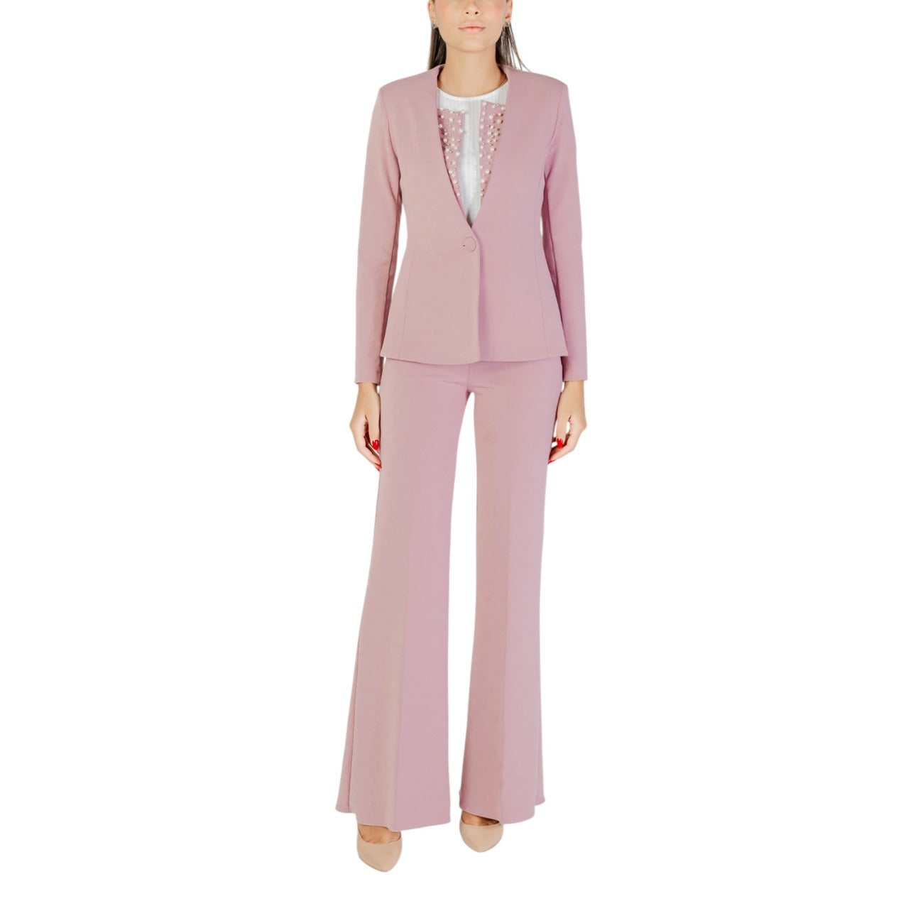 Pantaloni Rinascimento palazzo donna rosa con cerniera tasche 96% poliestere 4% elastan - vista frontale indossati da modella figura intera 