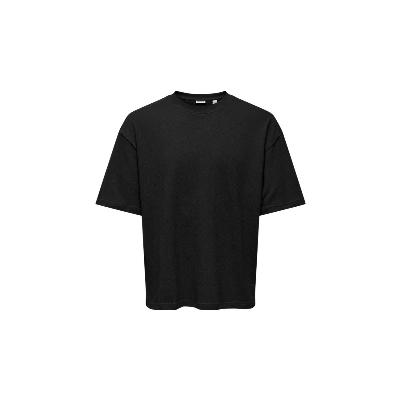 T-shirt nera Only & Sons Onslenny Ovz, vestibilità oversize in 100% cotone, maniche corte e linea ampia; capo basic essenziale per uno stile maschile moderno. Vista frontale Stesa