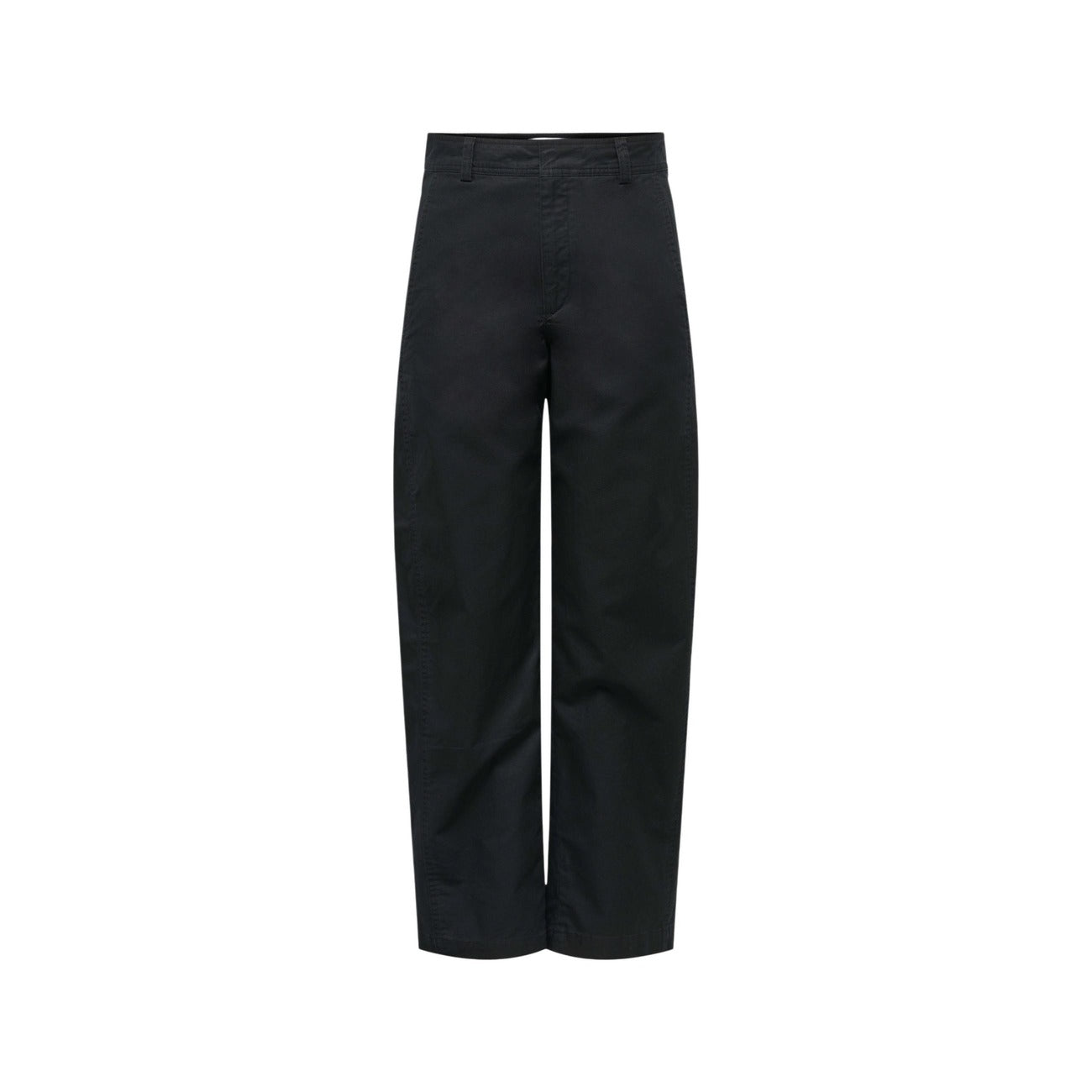 Pantaloni neri barrel fit JDY Selma, 100% cotone a vita alta con gamba ampia; pantalone regular strutturato con passanti per cintura, perfetto per outfit casual ed eleganti. Vista frontale Stesa