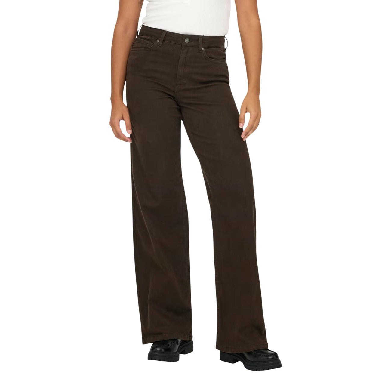 Jeans marroni Only donna Wide Leg 15371660. Jeans a vita alta e gamba larga marrone scuro Dark Brown Denim in cotone stretch, 5 tasche con zip e bottone, pantaloni jeans traspiranti e comodi primavera estate Only.