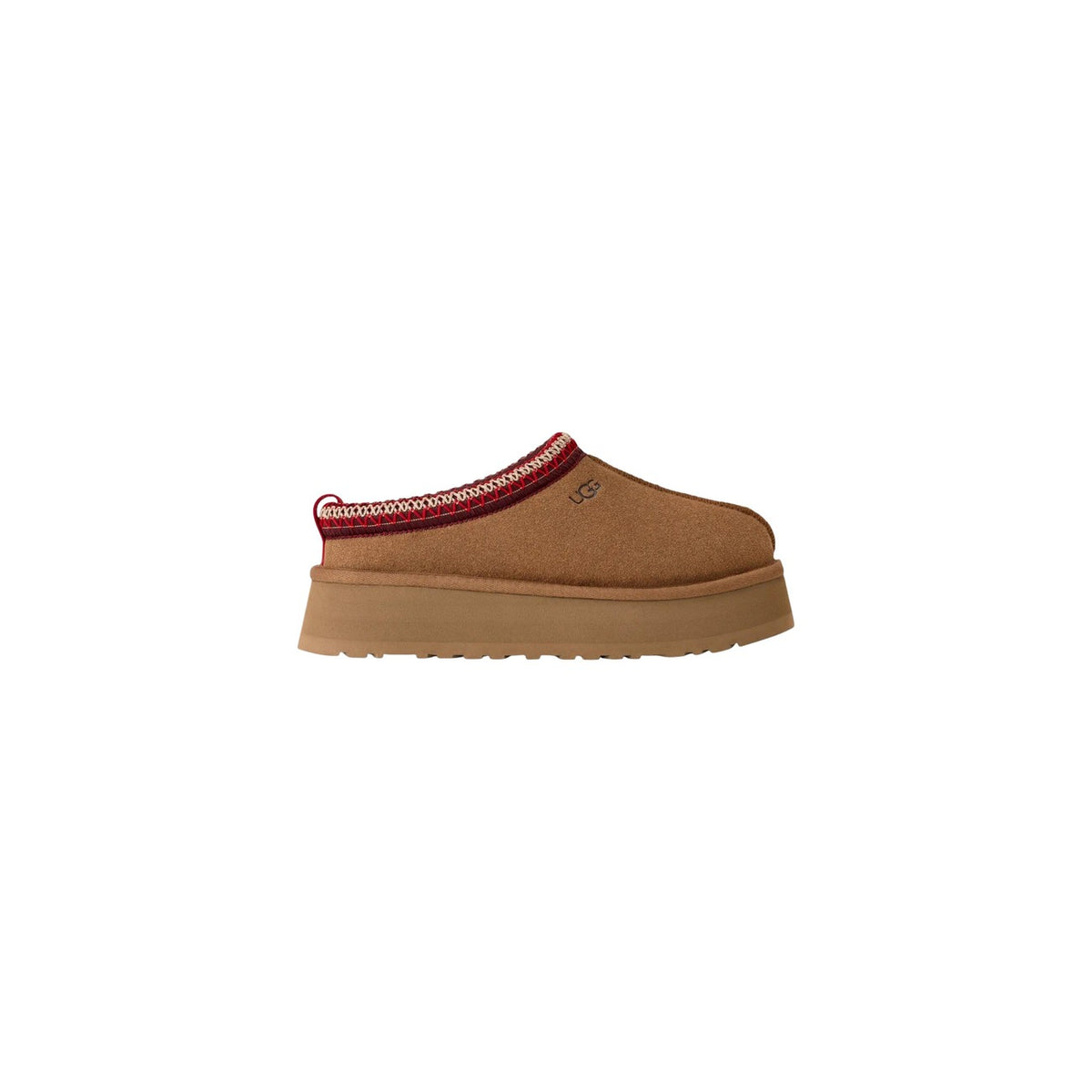 Ciabatte Chestnut UGG Tazz II 1174471. Sabot da donna scamosciati cuoio con platform in EVA da canna da zucchero di 4,4 cm, pelliccia di montone e logo impresso a caldo.