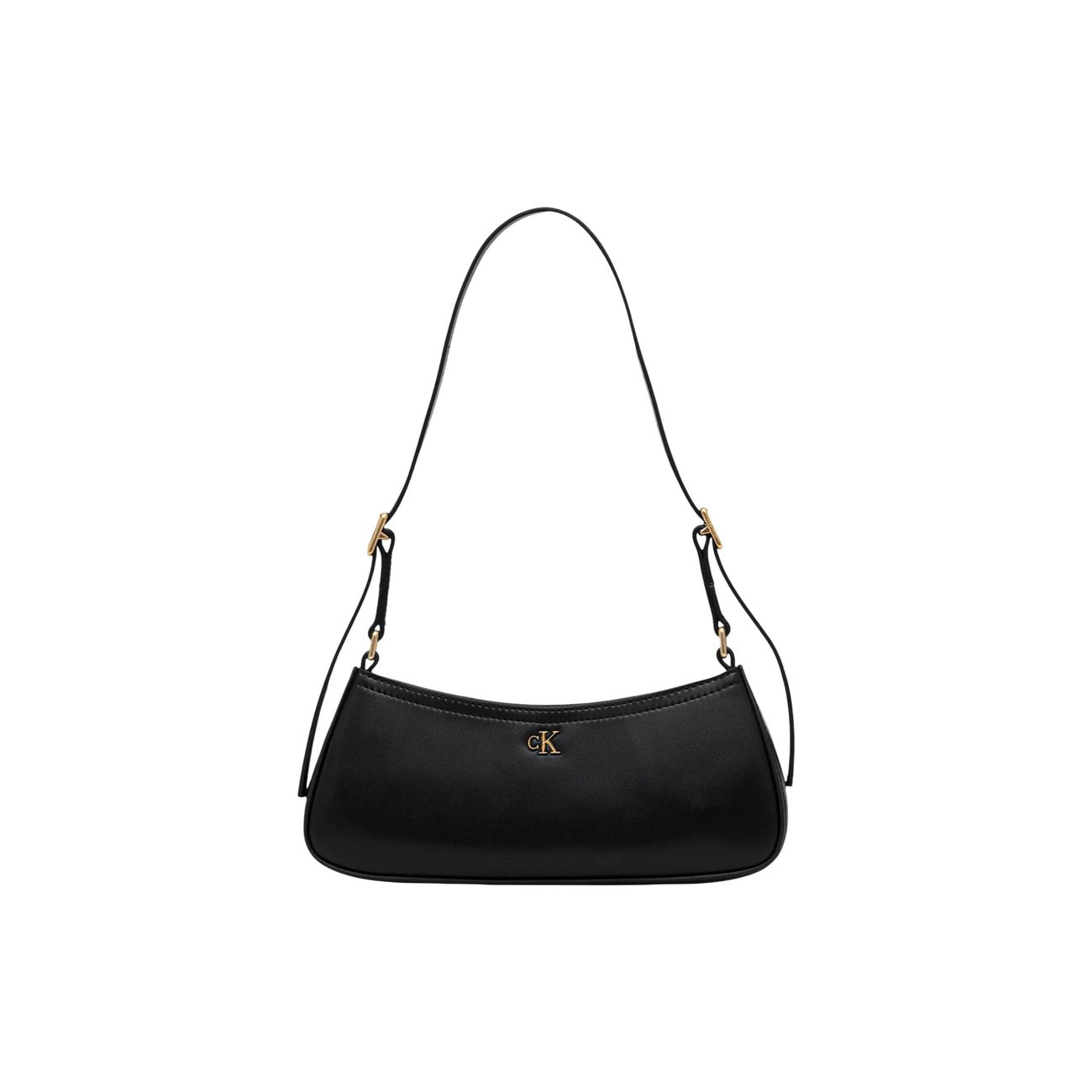 Borsa Calvin Klein Small Shoulder; 51% Poliestere riciclato. Logo CK metallico, chiusura con zip, tracolla regolabile. Design minimalista, compatto ed ecosostenibile. Colore nero vista frontale 