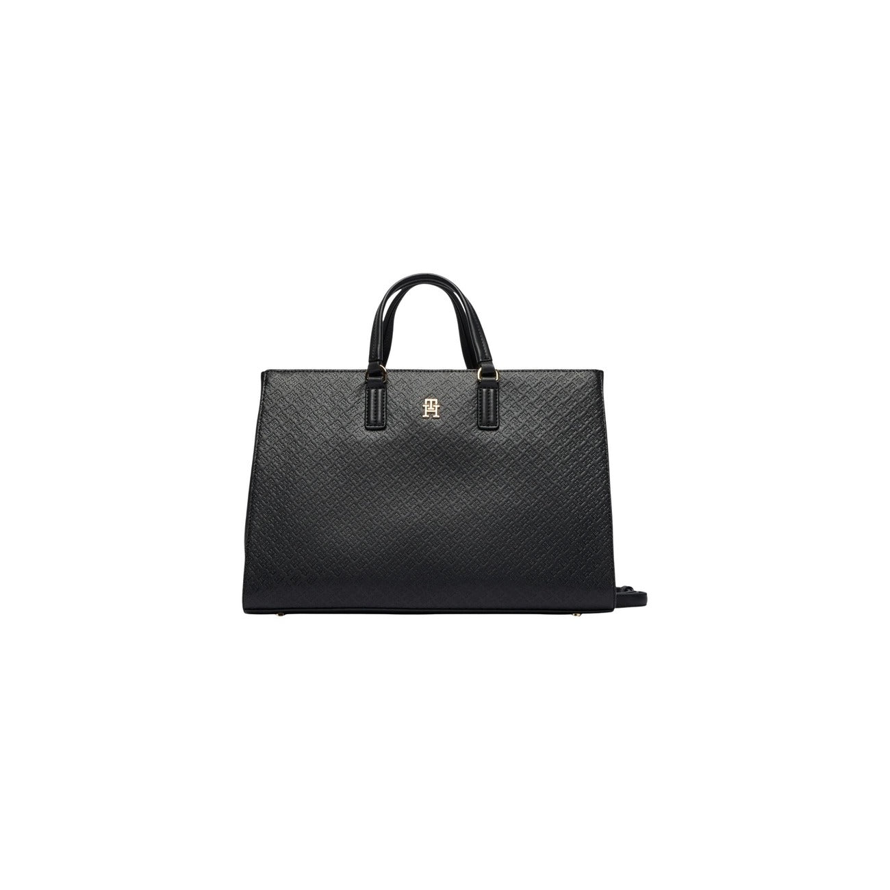 Tommy Hilfiger TH Daily Satchel; 100% poliuretano. Logo metallico dorato, piedini alla base, doppi manici. Borsa donna grande, strutturata e resistente per la stagione PE26. Colore nero vista frontale 