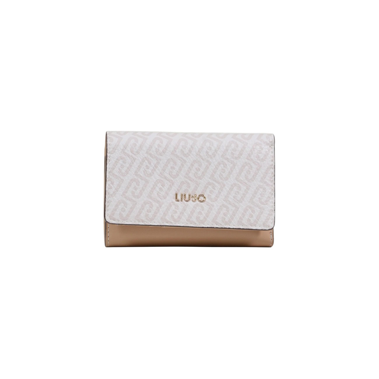 Liu Jo Trifold Wallet AA6172; stampa monogram, chiusura sicura, scomparti per banconote e carte. Stile iconico e massima capienza. Bianco e rosa. Vista frontale 