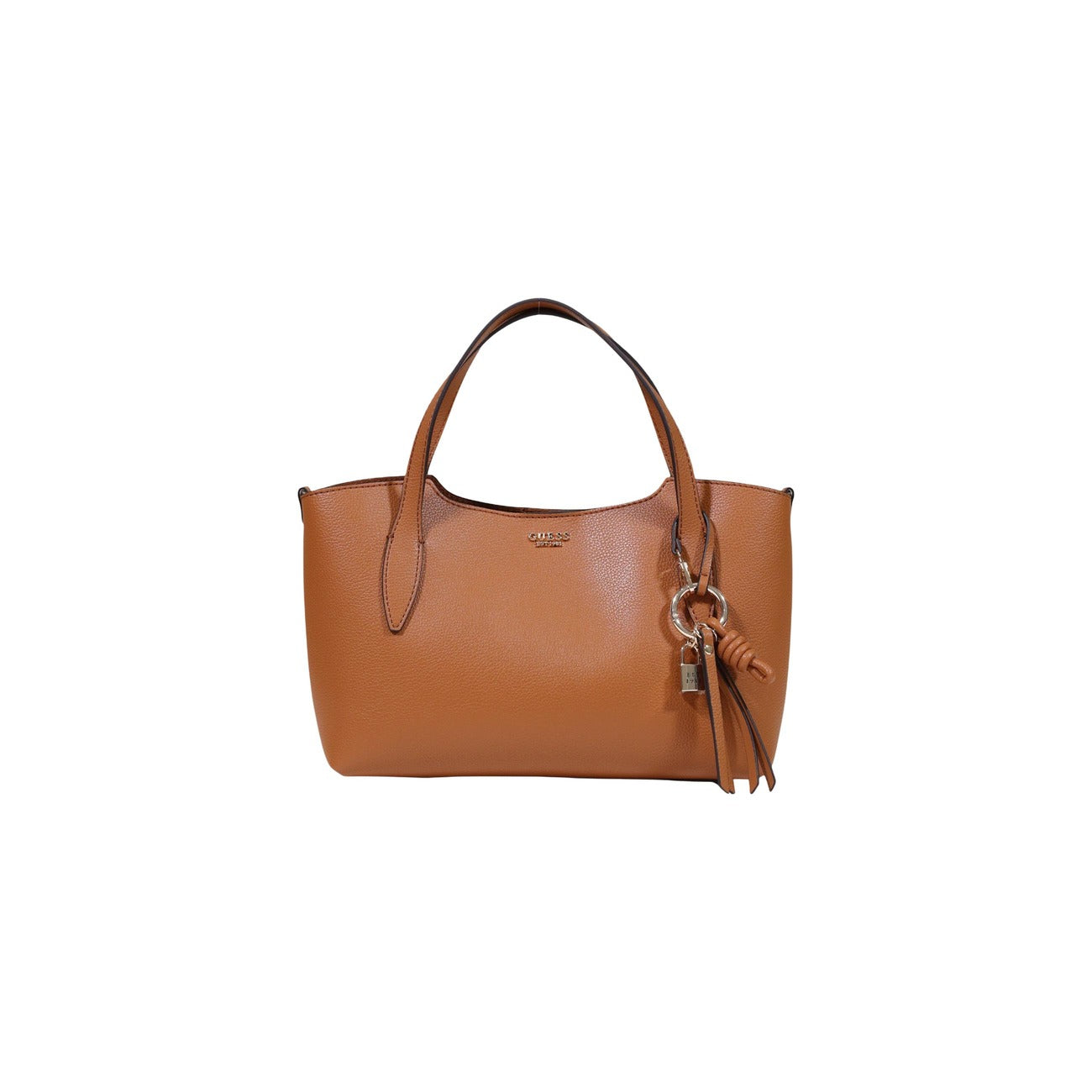 Borsa Satchel Grande Donna Beige Guess Lucci; Struttura 100% poliuretano martellato con chiusura a zip e doppi manici. Tracolla rimovibile, logo metallico frontale e ciondolo con mini lucchetto, stile casual mezza stagione. Frontale 
