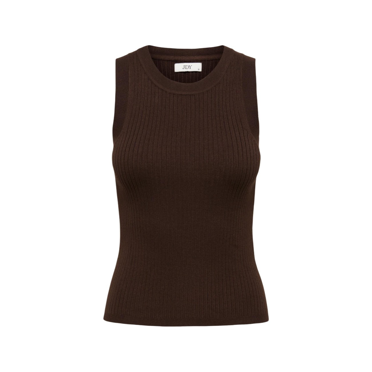Gilet Maglia Jacqueline De Yong JDYAYA; 80% Viscosa, 20% Nylon. Scollo tondo, senza maniche, lavorazione maglia piatta. Morbido, elastico e traspirante. Modello continuativo (NOOS) Primavera/Estate. Colore marrone. Vista frontale stesa