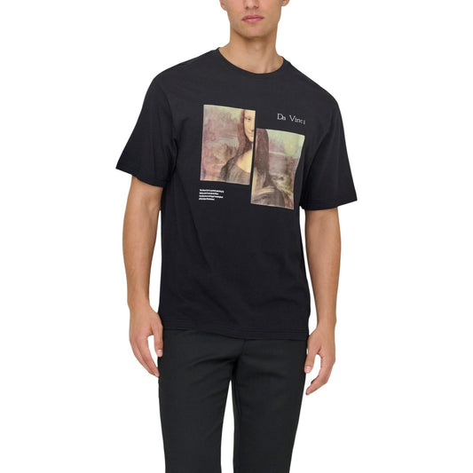 Only & Sons T-shirt nera ONSMONALISA; maglietta grafica relaxed fit in jersey di cotone elasticizzato, stile casual ironico e massimo comfort per l'uso giornaliero. Vista frontale 
