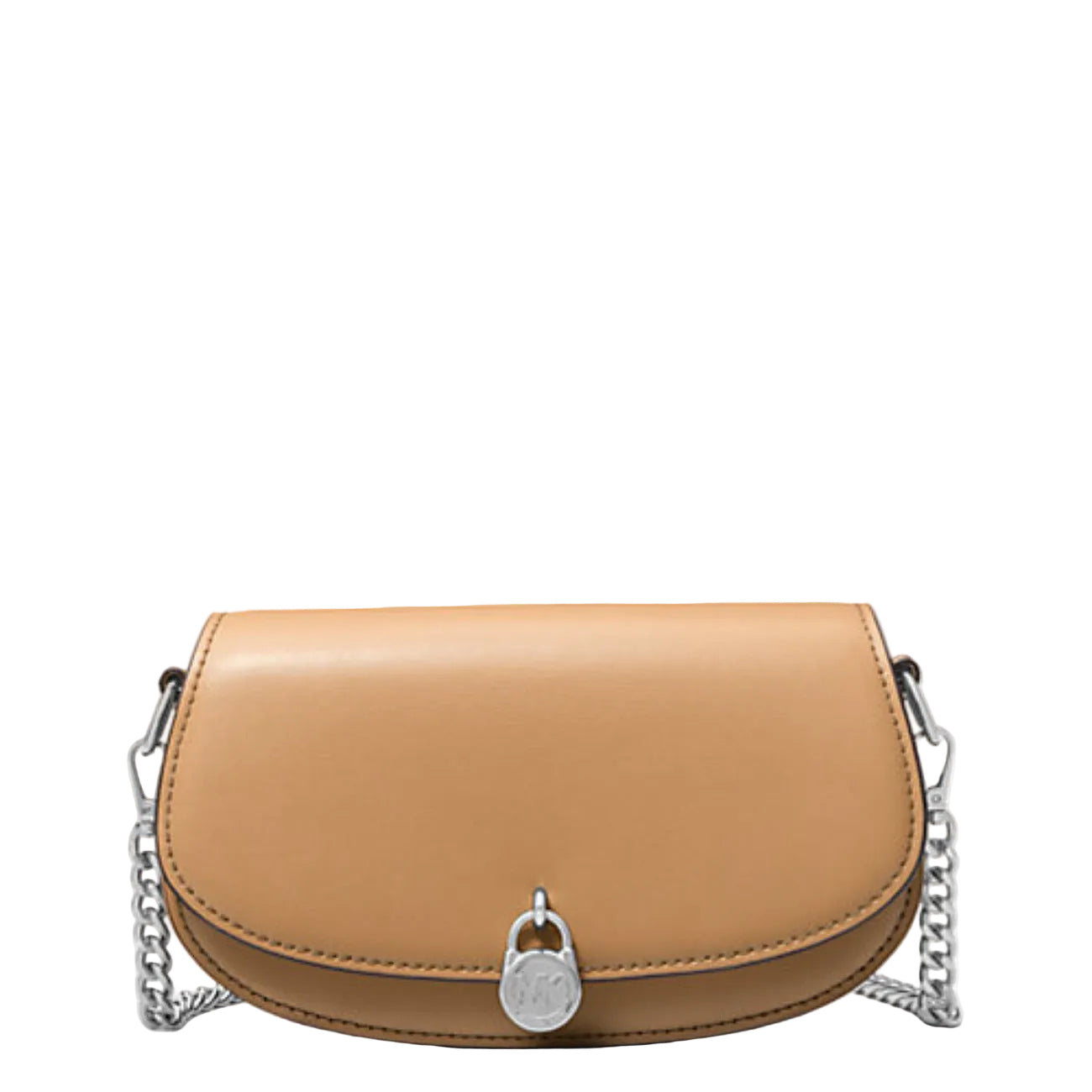 Michael Kors Borsa Cammello 35T5SIMC5L; borsa in pelle a tracolla con bottone, formato compatto e branding iconico. Un accessorio versatile "tutte le stagioni" di alta qualità. Vista frontale 