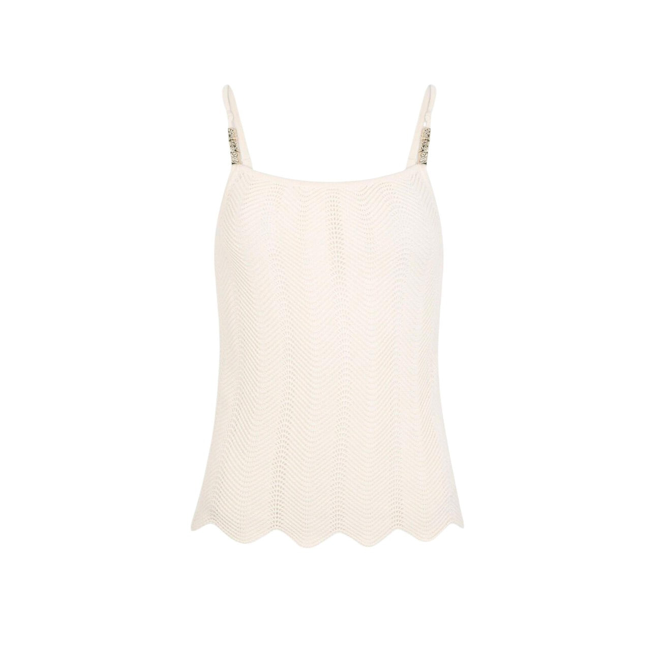 Canotta Morgan De Toi Molovic Beige; Cotone e Viscosa. Spalline con decoro gioiello, trama ondulata, vestibilità fluida. Top leggero ed elegante per la stagione estiva. Codice: 251-MOLOVIC. Vista stesa