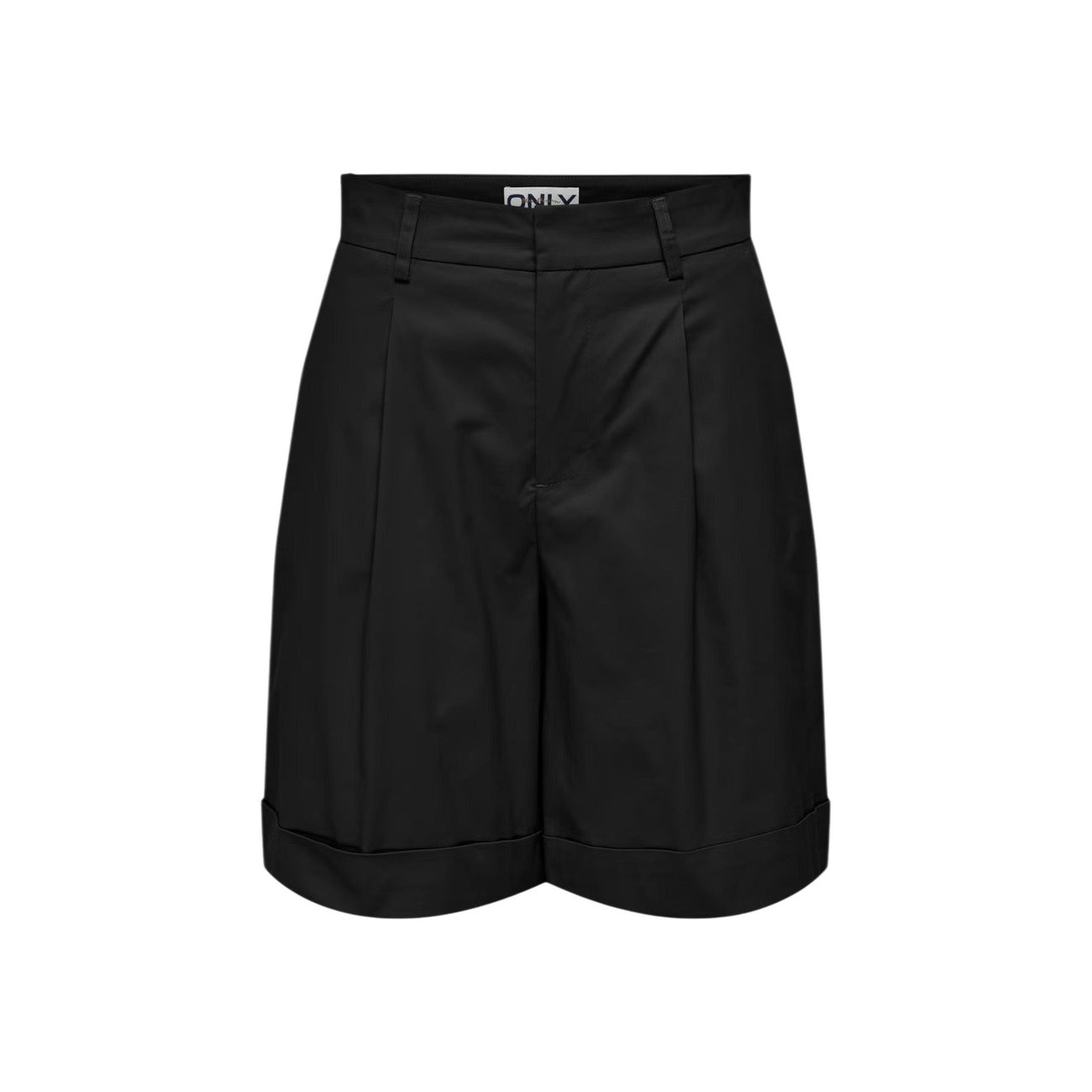 Bermuda Donna Neri Jacqueline de Yong; Pantaloncino sartoriale a vita alta in misto cotone stretch con pinces e risvolto sul fondo. Dotato di tasche laterali, stile casual-elegante per la primavera e l'estate. Frontale stesa 