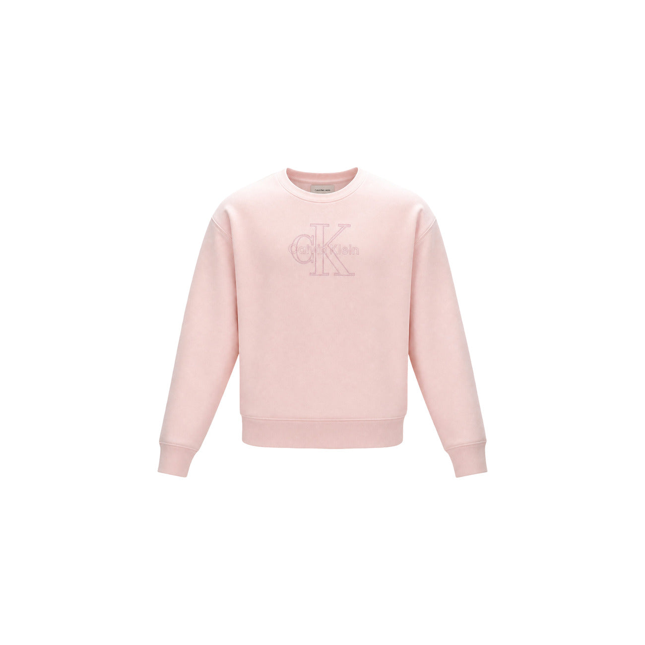 Felpa Donna Rosa Calvin Klein Jeans; Senza Cappuccio. 100% cotone tinta unita, taglio regular fit e scollo a girocollo. Logo CK ricamato tono su tono sul petto, stile casual leggero per la mezza stagione. Vista frontale stesa 