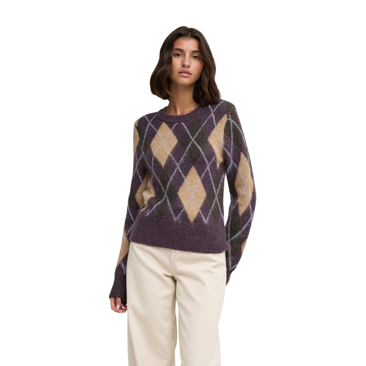Pullover donna Jacqueline De Yong viola marrone – Maglia paricollo geometrica 15385711.