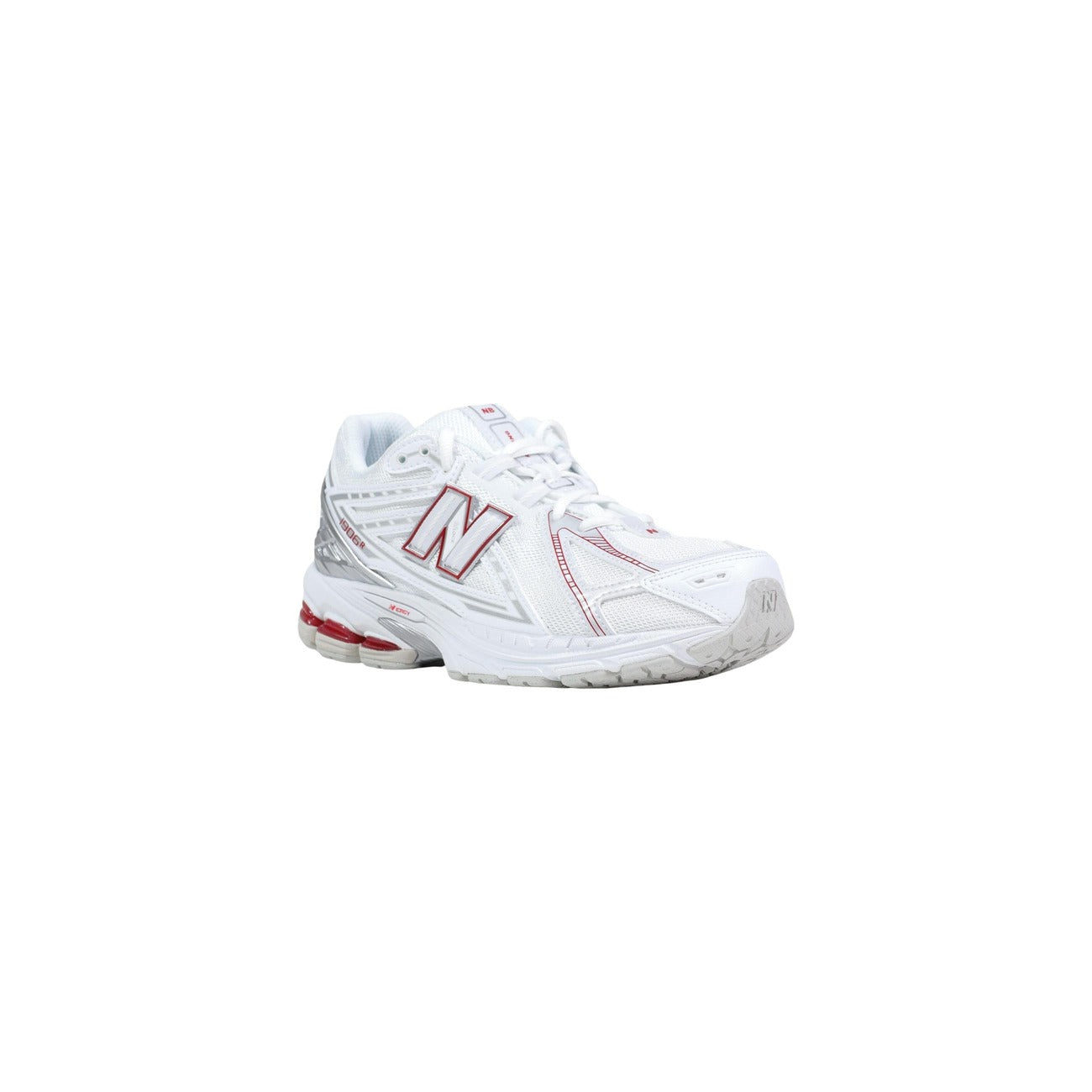 sneaker New Balance 1906R bianca e argento con accenti rossi. 
Vista frontale 