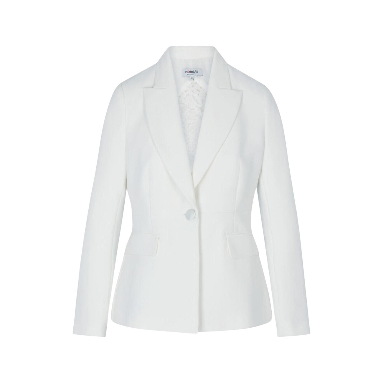 Blazer Monopetto Morgan De Toi; 77% Poliestere, 17% Viscosa, 6% Elastam. Nero, bottone singolo, tasche con patta. Giacca donna elegante e stretch per la stagione PE26. Vista frontale stesa 
