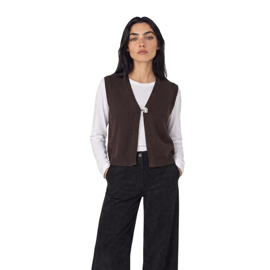 Gilet maglia marrone donna Jacqueline De Yong – Smanicato scollo a V con bottone gioiello 15376600.