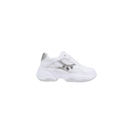 Sneakers Guess Harpaa; 60% Poliuretano, 40% Poliestere. Suola para 4,5 cm, catena con ciondoli logo, inserto laminato. Sneakers donna in similpelle eleganti e ammortizzate per la PE26. Vista laterale 