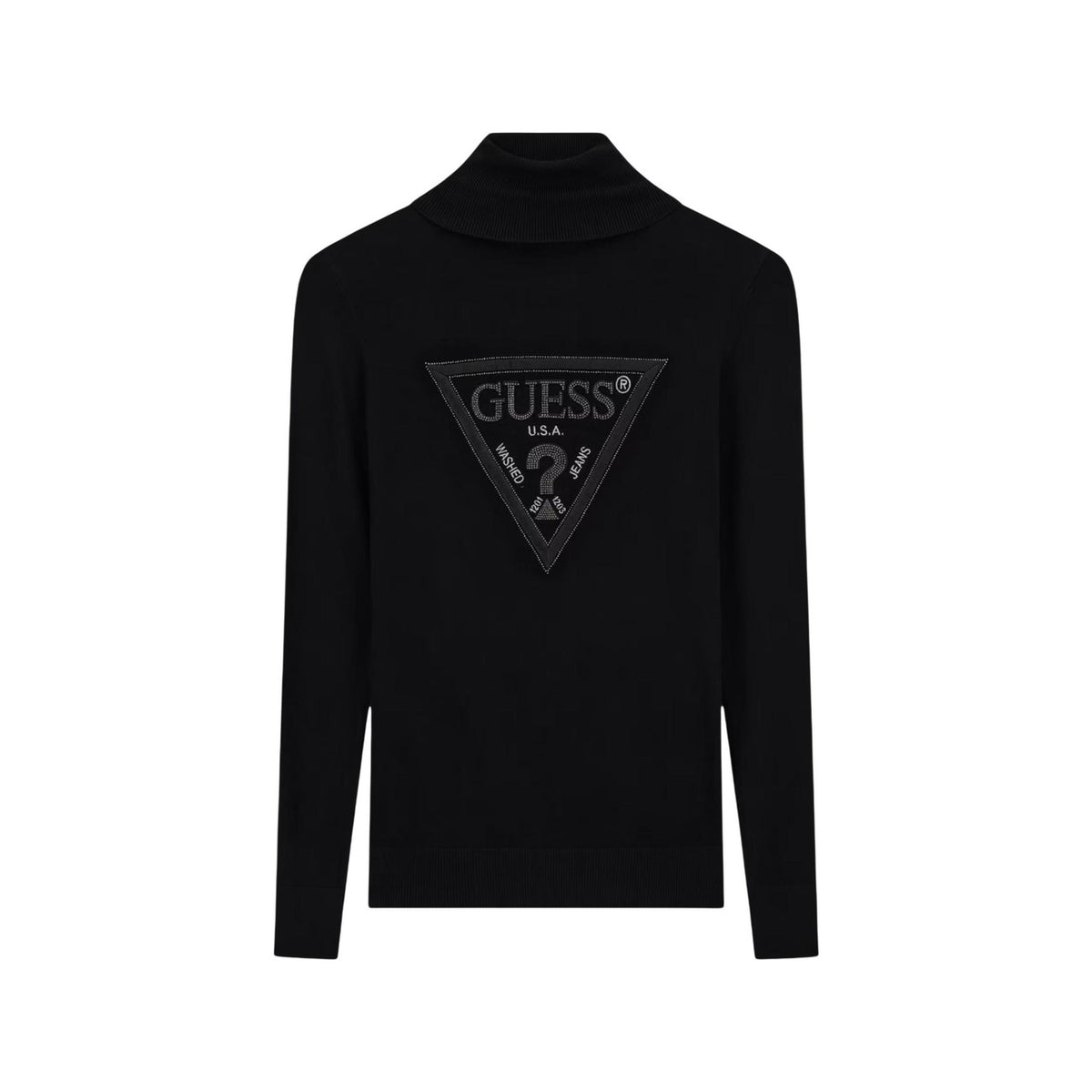 Maglione dolcevita nero donna Guess LS TN HALLIE TRIANGL. Maglia collo alto aderente con logo strass autunno inverno.
