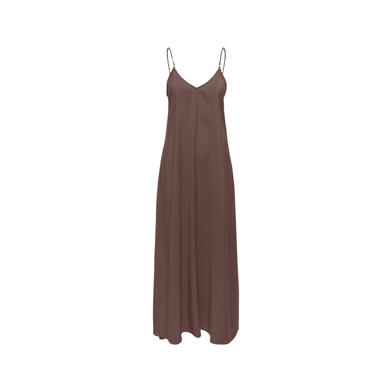 Abito lungo Only marrone; 85% Viscosa, 15% Poliestere. Spalline sottili, scollo a V, stile elegante e leggero. Vestito fluido tinta unita per eventi e serate. Vista frontale stesa 