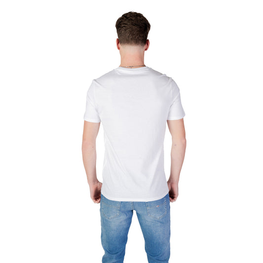 T-shirt Guess SS ORIGINAL LOGO uomo bianca con stampa maniche corte scollo tondo 100% cotone - vista posteriore retro indossata da modello