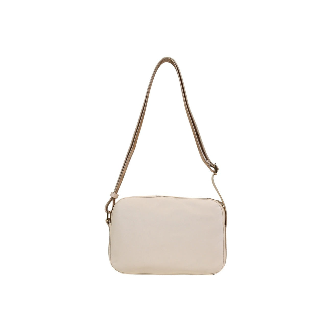 Borsa Reporter Alviero Martini 1^ Classe; 95% poliammide riciclata, design lineare, tasca frontale zip, tracolla regolabile. Stile sostenibile e versatile. Colore beige. Vista posteriore 