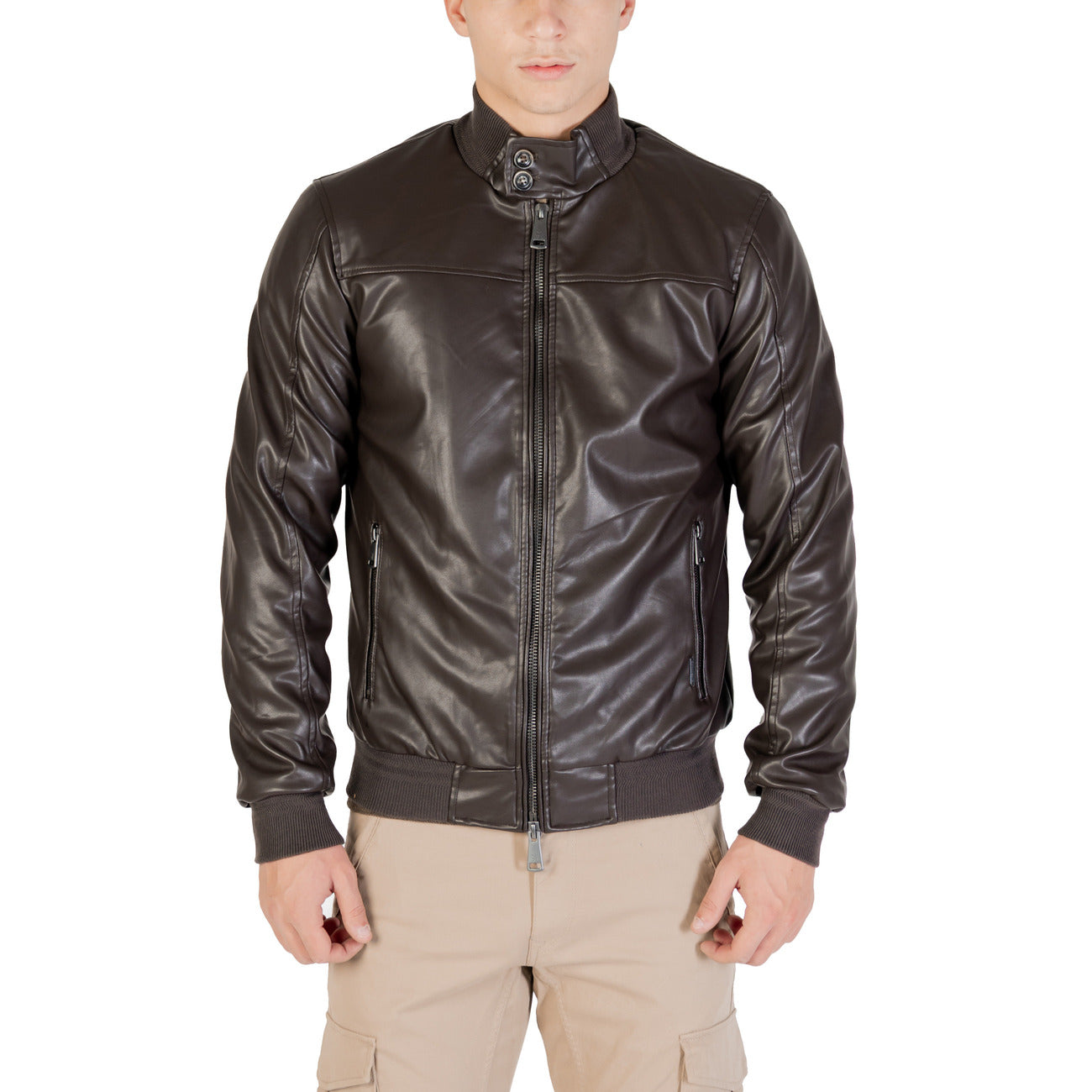 Gianni Lupo Giacca Uomo Marrone con Zip Bottoni - Giacca Poliestere Poliuretano Tasche Maniche Lunghe