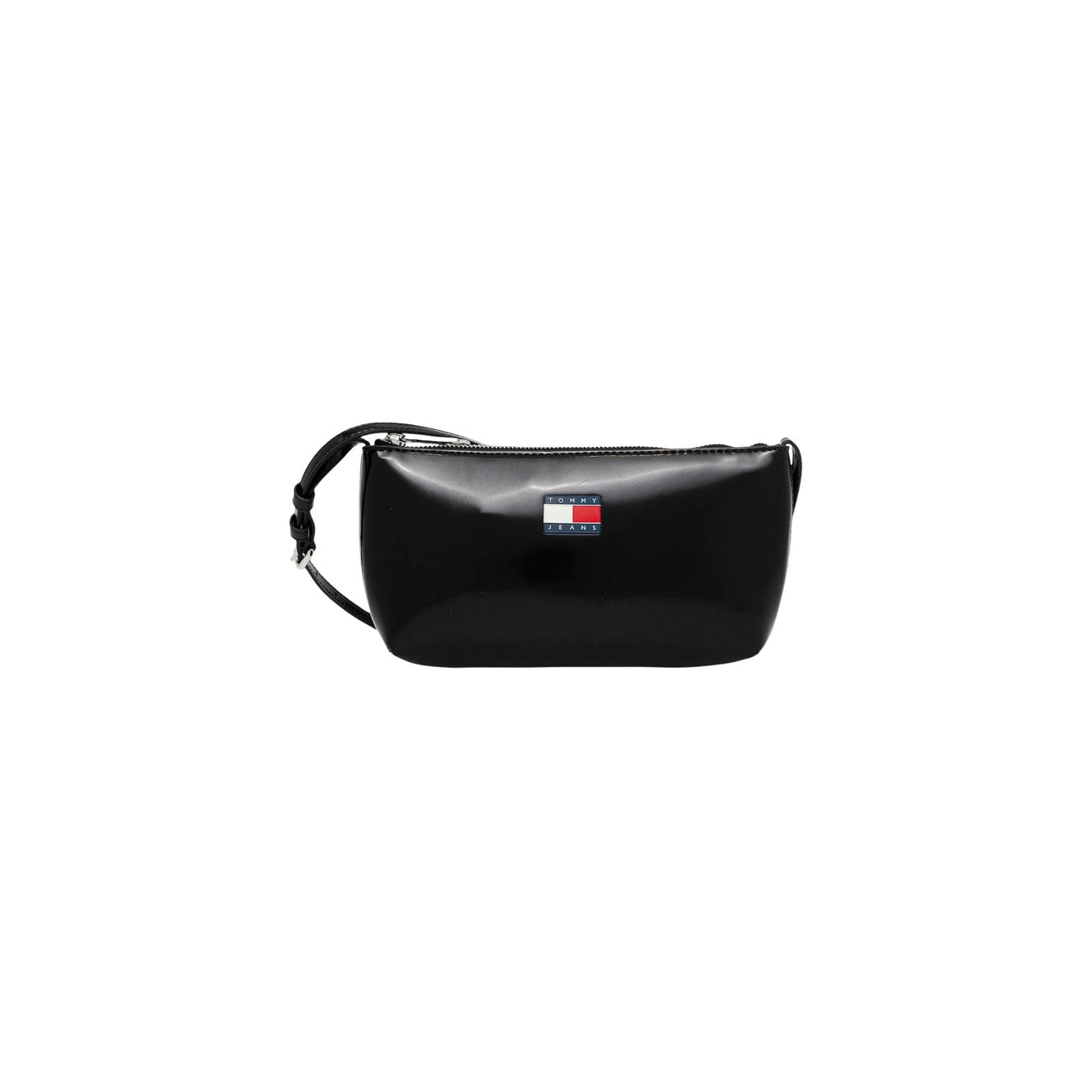Borsa Tommy Jeans Lucida; tracolla regolabile, chiusura a zip e branding iconico. Design sottile e moderno con capienza 1,1 litri, ideale per gli essenziali serali. Vista frontale 