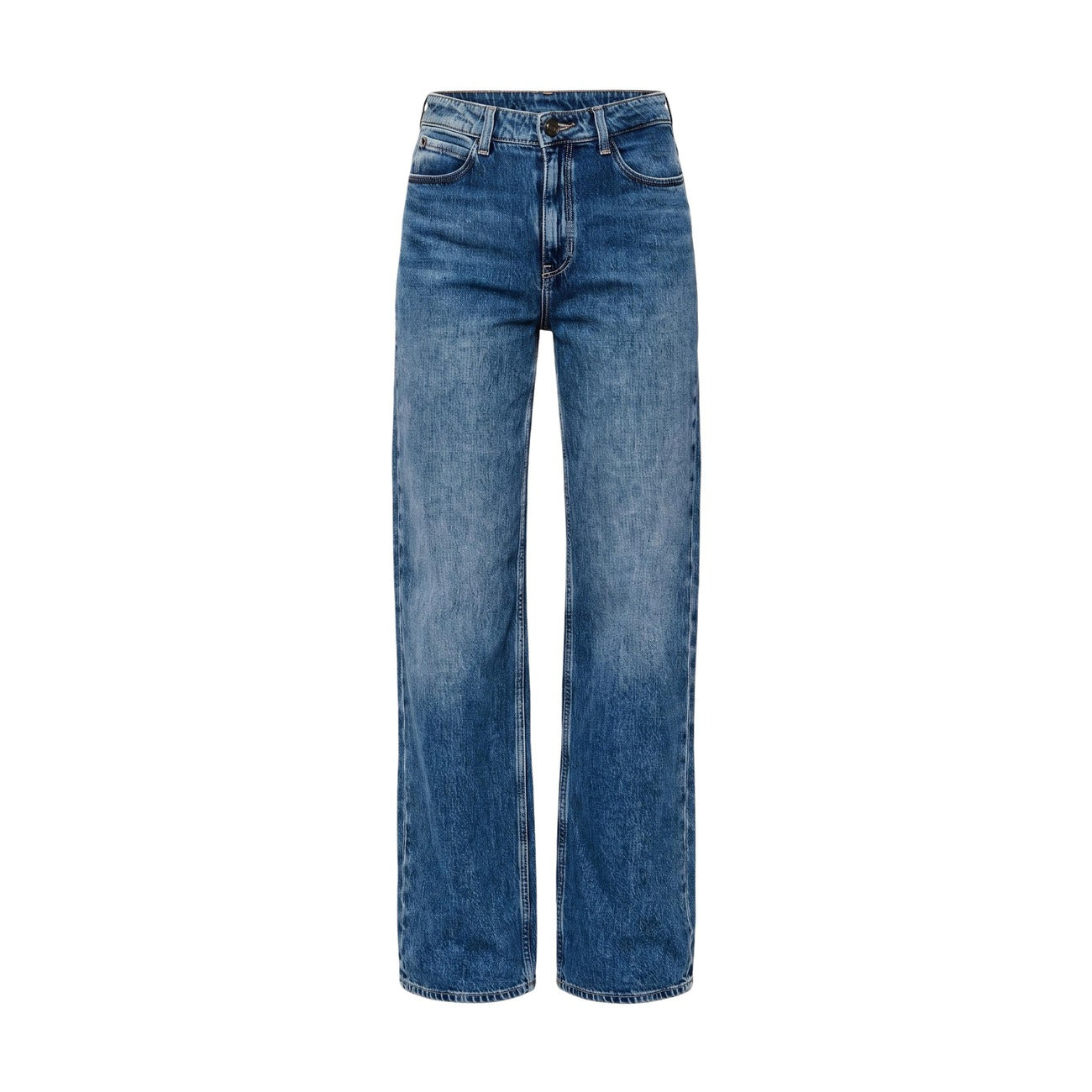 Jeans Guess wide leg blu donna W6YA1A D1339. Jeans a gamba larga e vita alta da donna in puro cotone blu, modello mom fit regular con 5 tasche e cerniera zip frontale, abbigliamento casual 4 stagioni.