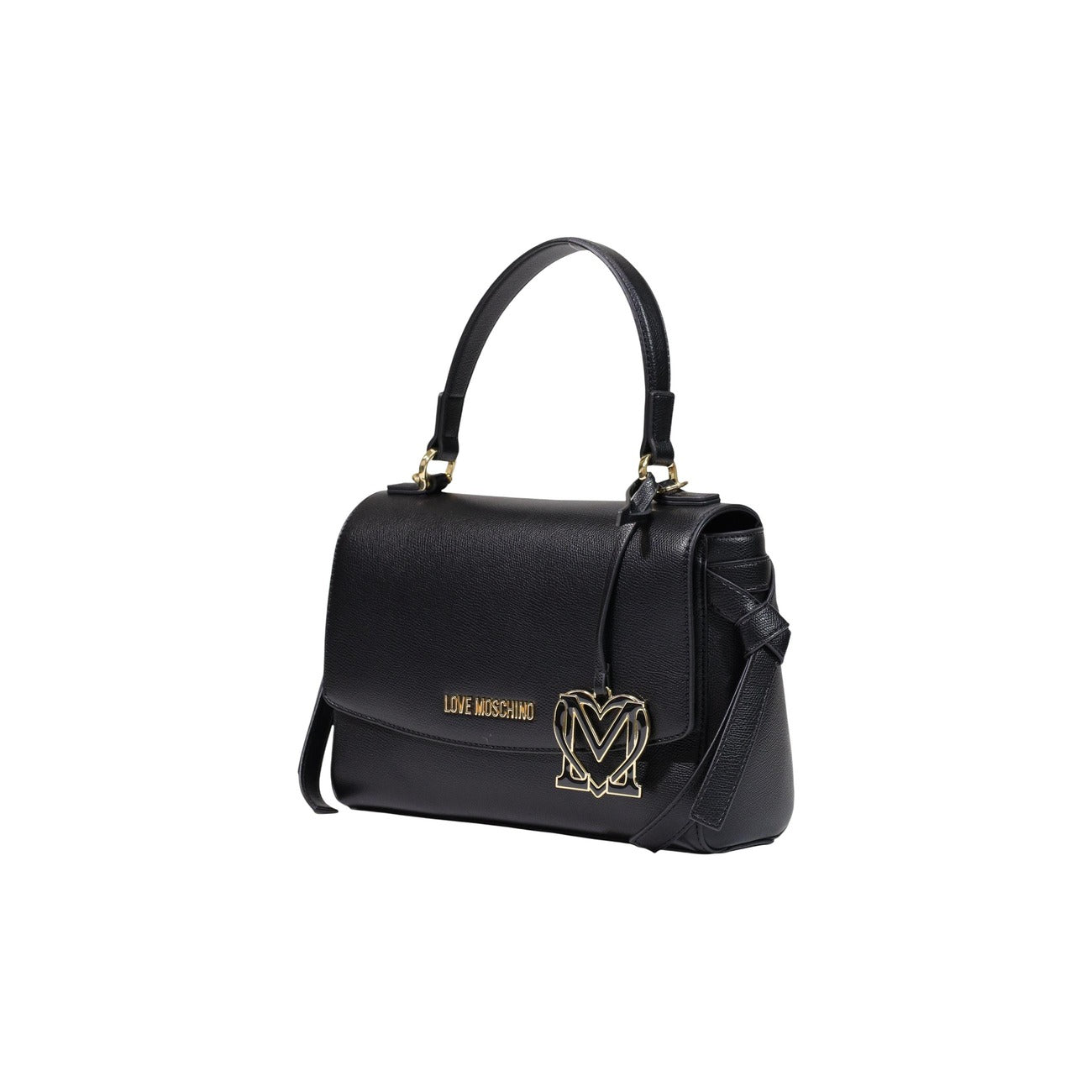 Borsa Love Moschino donna nera a mano modello JC4061PP. Borsetta media rigida effetto pelle nera con tracolla, patta e charm dorato pendente stile elegante, casual chic e da sera.