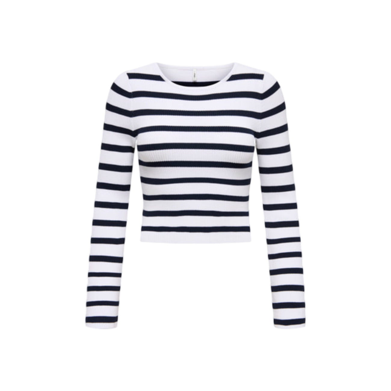 Maglione a righe a costine Only Onlmist girocollo, vestibilità slim e taglio corto, composizione in viscosa e nylon. Vista frontale 