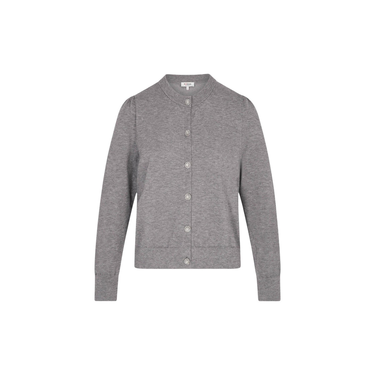 Cardigan donna con bottoni gioiello Morgan De Toi 262-MKNOT. Maglia girocollo in viscosa sostenibile e poliammide a maniche lunghe con dettagli arricciati sulle spalle.