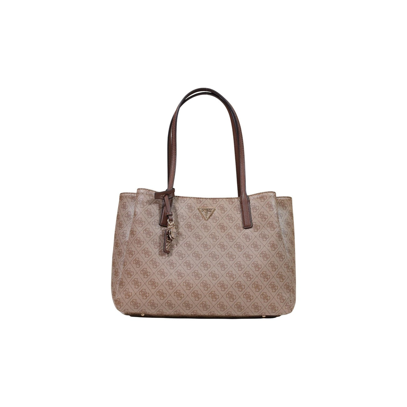 Borsa Shopper Grande Donna beige scuro Guess Anadela; Struttura 100% poliuretano con motivo logo all-over e chiusura a zip. Triplo scomparto interno, manici lunghi a spalla e charm coordinato, stile elegante 4 stagioni.