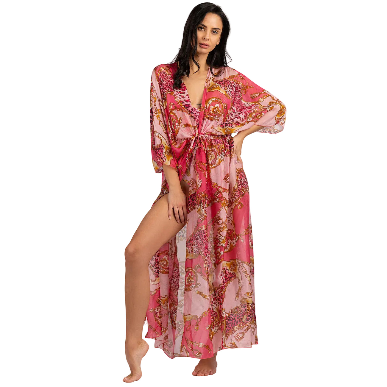 Abito lungo Guess donna rosa con spacco stampa floreale manica corta scollo a V 76% viscosa 26% seta - vista frontale indossato da modello
