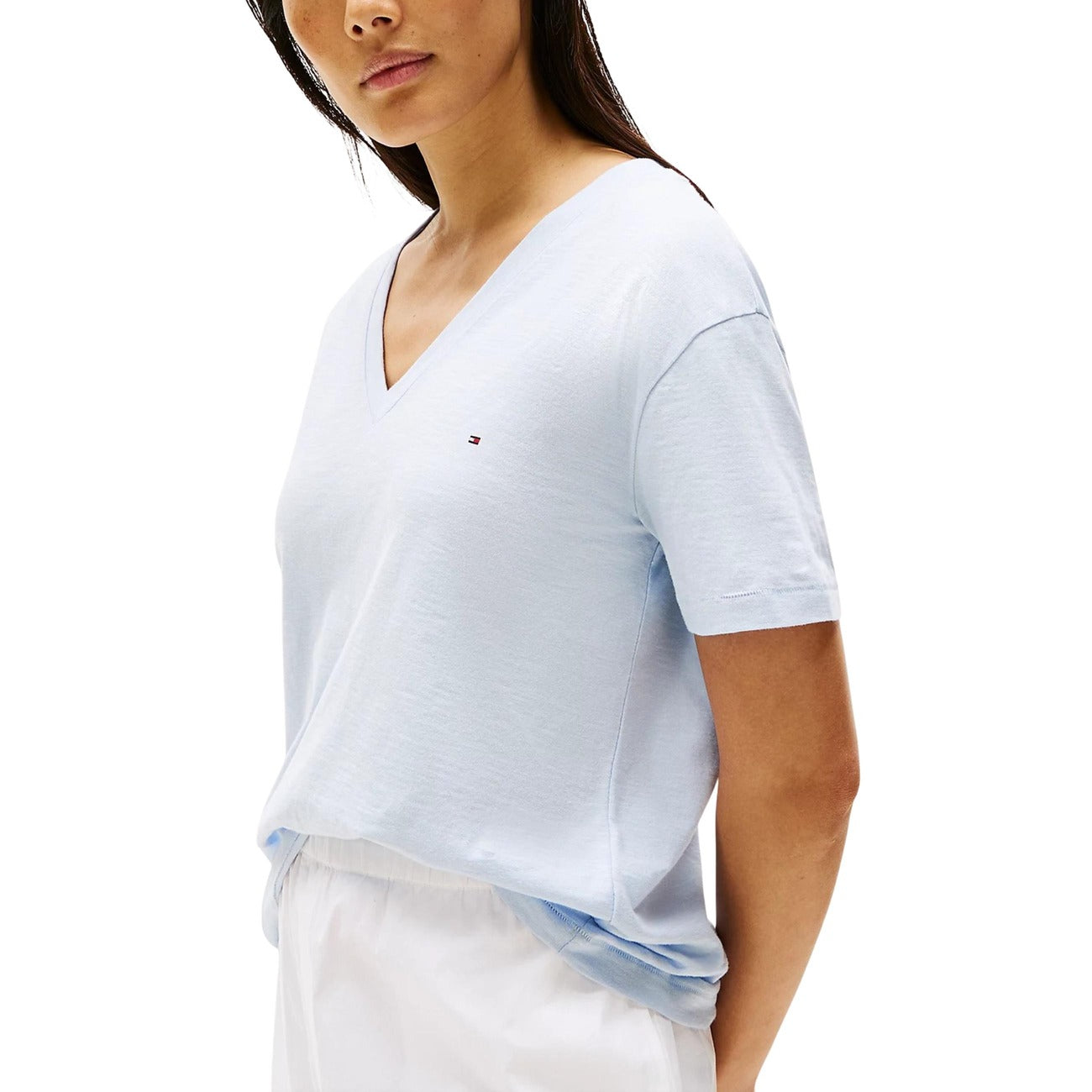 Tommy Hilfiger T-Shirt Donna Azzurro Manica Corta Scollo V Cotone Organico 100% Autunno Inverno WW0WW43901
