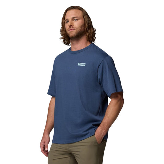 Columbia CSC™ Heavyweight T-shirt blu, maglia uomo in cotone robusto; stile classico con stampa logo, tessuto ad alto spessore per un comfort prolungato e massima durata. Vista frontale 
