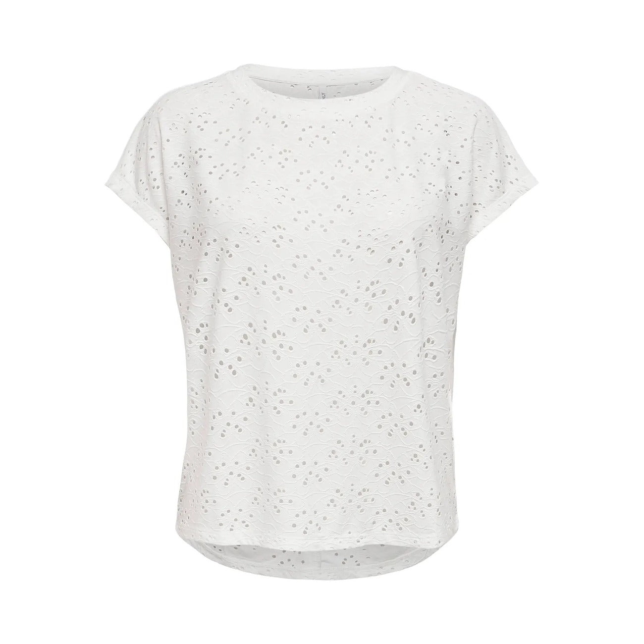 T-shirt Only donna bianca modello 15231005. Maglietta a maniche corte regular fit con scollo tondo, dettagli di pizzo e risvolto sulle maniche, top estivo casual e romantico della collezione primavera estate.