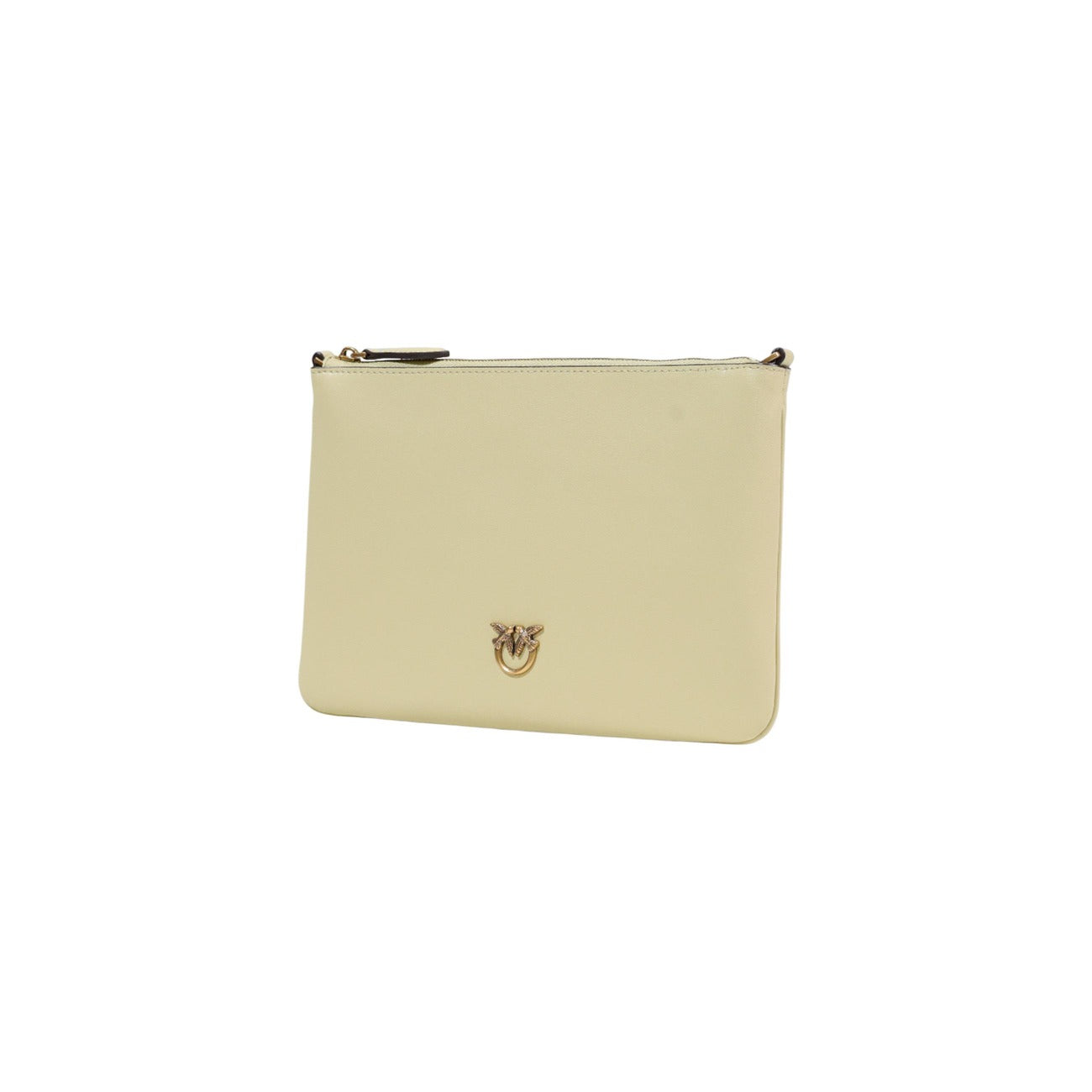 Borsa Pinko Flat Classic Beige; Ecopelle mano seta. Logo Love Birds Diamond Cut, tracolla a catena rimovibile, chiusura con zip. Pochette sottile e versatile, stile casual-raffinato.