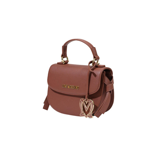 Borsa Love Moschino donna marrone a mano e tracolla modello JC4057PP. Borsetta piccola rigida effetto pelle martellata marrone cuoio con fiocchi laterali, patta e charm dorato con iniziali stile elegante, romantico e da giorno.