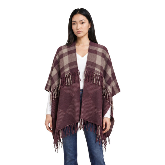 Poncho coprispalle donna Pieces bordeaux beige – Mantella a quadri scozzese con frange 17166846.