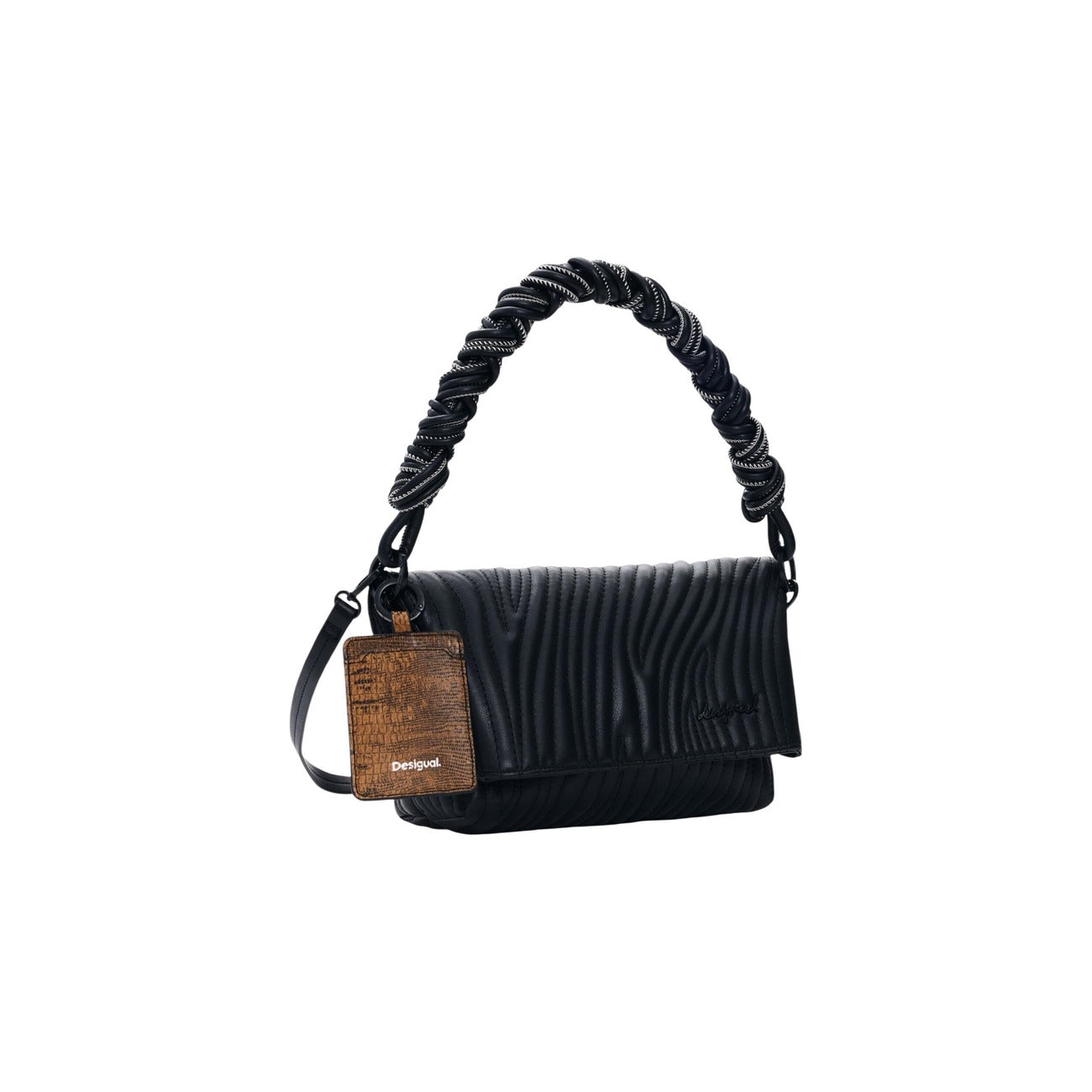 borsa Desigual BAG_HELIUM TROKEL piccola in poliuretano nero con design trapuntato e dettagli in rilievo Vista frontale laterale 