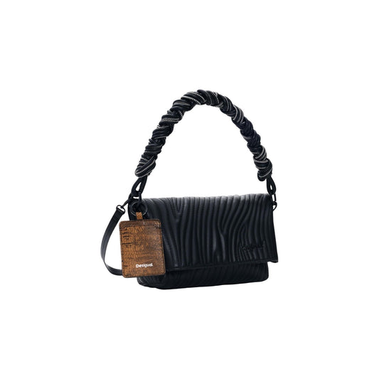 borsa Desigual BAG_HELIUM TROKEL piccola in poliuretano nero con design trapuntato e dettagli in rilievo Vista frontale laterale 