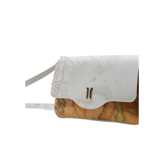 Tracolla Alviero Martini Prima Classe Geo White; 58% PVC, 34% Cotone. Design compatto, chiusura a zip, metalleria dorata. Borsa piccola donna, stile iconico e versatile 4 stagioni.