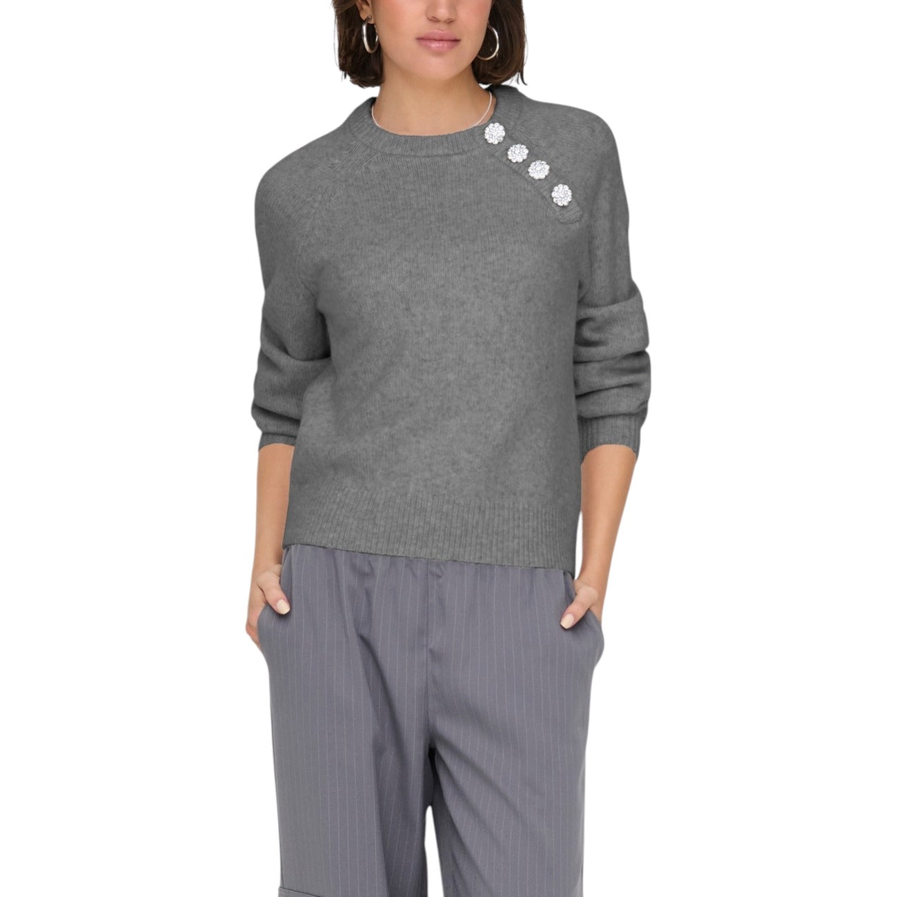 Only Maglioncino Donna Grigio Maniche Lunghe - Maglia Acrilico Scollo Tondo