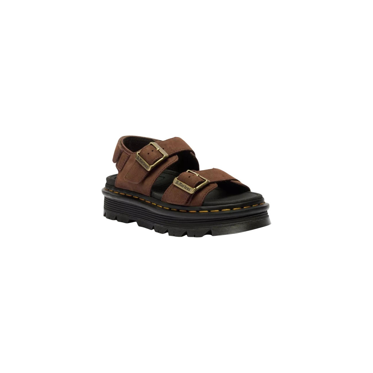 Dr. Martens Zebzag Sandal; Sepia Brown. 100% Pelle Tumbled Nubuck WP. Suola ibrida ammortizzata, cinturino regolabile, resistente all'acqua. Stile casual premium. Frontale laterale 
