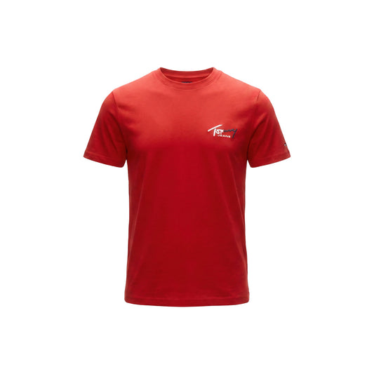 T-shirt Uomo Rossa Tommy Hilfiger Jeans; Cotone Rigenerato. Taglio regular fit, scollo a girocollo e maniche corte. Logo istituzionale ricamato sul petto, stile casual leggero quattro stagioni. Frontale stesa 