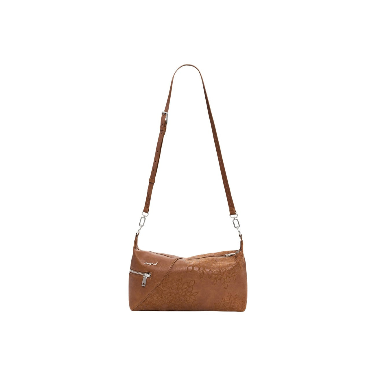 borsa colore cammello a mano Desigual in similpelle con incisione di bordure, modello BAG_SIERRA. Vista frontale con tracolla 