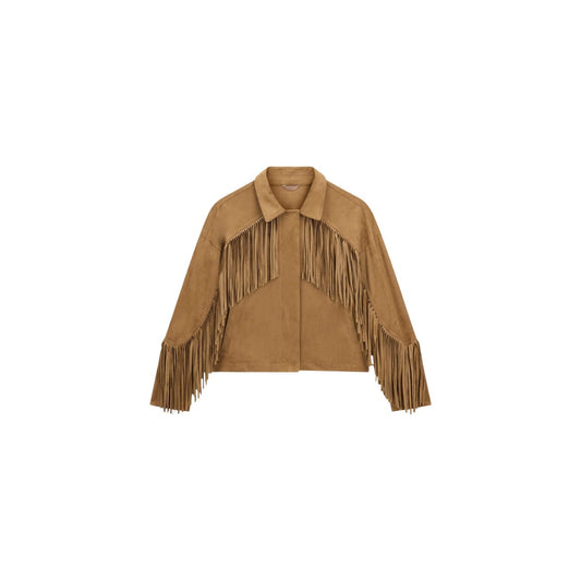 Giacca cropped Guess con frange; misto poliestere stretch, colletto classico, design dinamico. Stile audace e contemporaneo. Colore marrone chiaro 