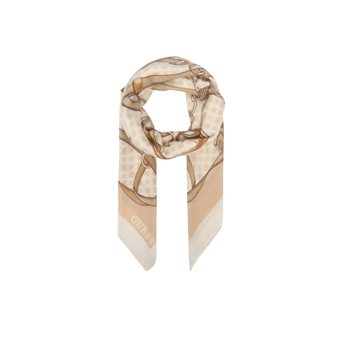 Foulard quadrato donna Guess AW5679 POL03. Sciarpa stola 120x120 cm in tessuto leggero con motivo catene e logo monogram Guess all-over.