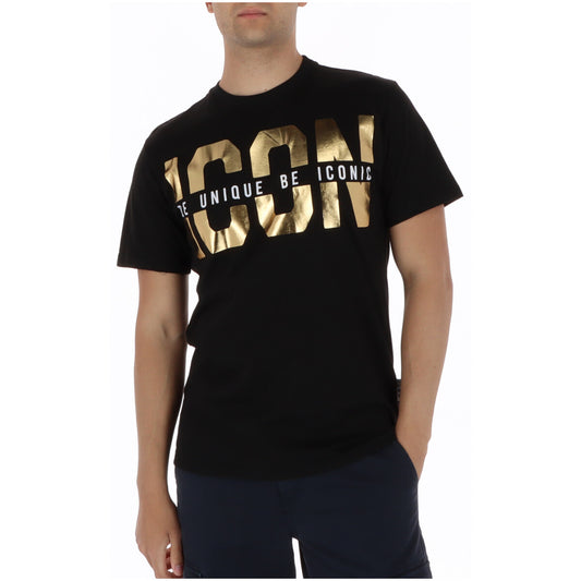 T-shirt ICON IUT022; 100% cotone Made in IT. Maxi logo dorato, maniche corte, colore nero. Maglia maschile premium, traspirante e iconica PE26. Vista frontale 