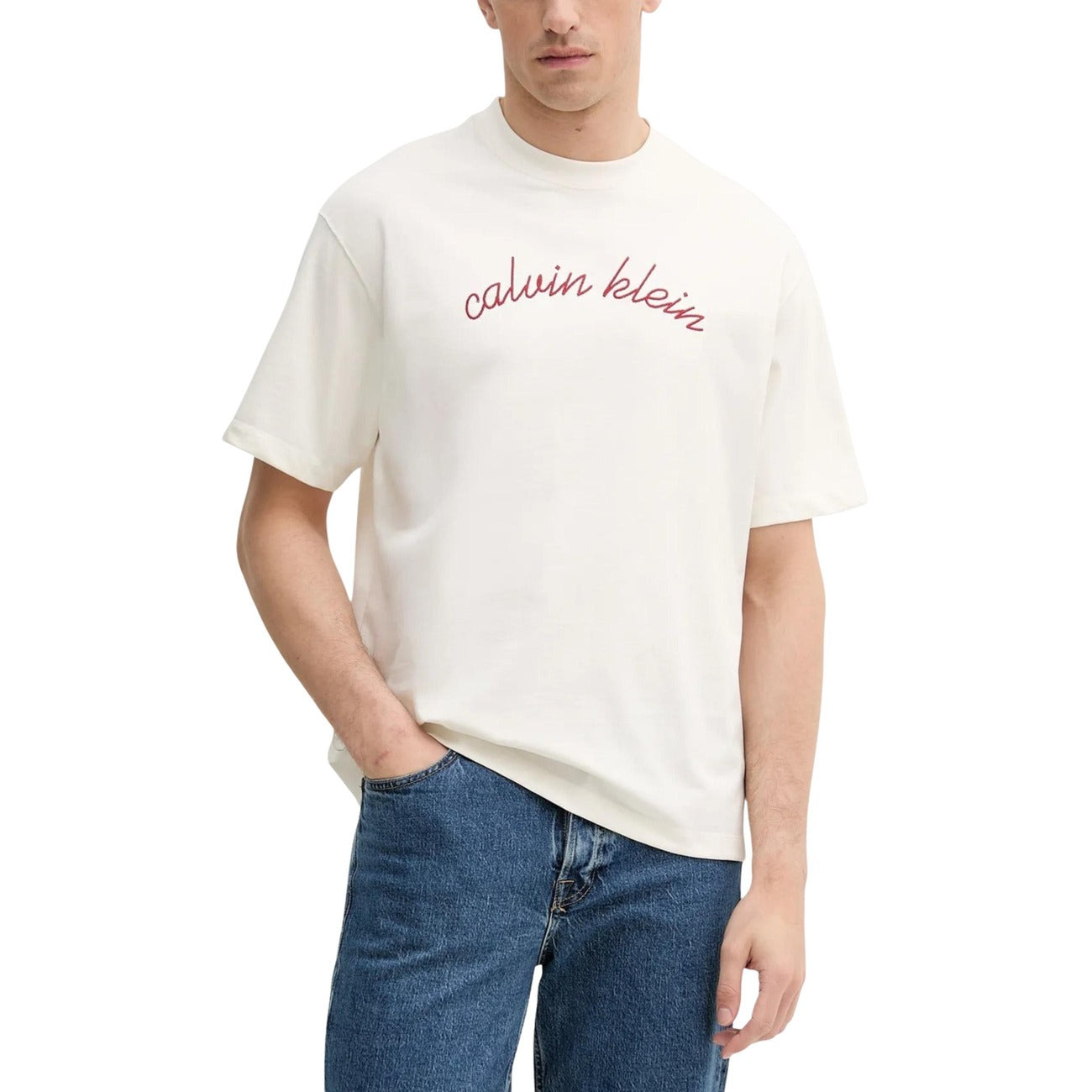 Calvin Klein Jeans T-Shirt Uomo Beige Stampa Manica Corta Scollo Tondo Cotone 100% Autunno Inverno LV04RC225G